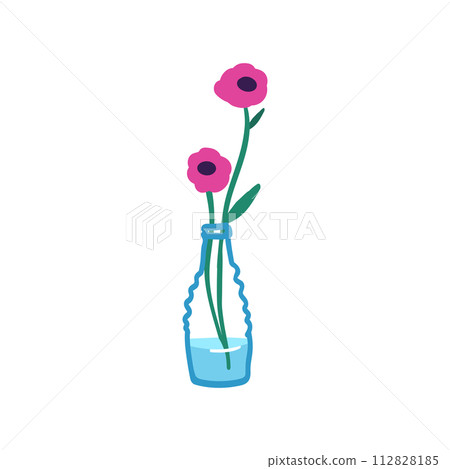 Branch with summer flowers in glass vase. Cut spring blooms in water. Blossomed floral plants, stems. Fresh gentle fragile delicate field wildflowers isolated on white background. Minimalistic flat 112828185