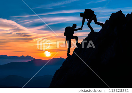 Silhouette of couple hiking help each other silhouette in mountains with sunlight Silhouette of couple hiking help each other silhouette in mountains with sunlight 112828281