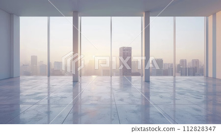 An empty room in a skyscraper and a view of the city in the morning. Beautiful, expensive property with a view. 112828347