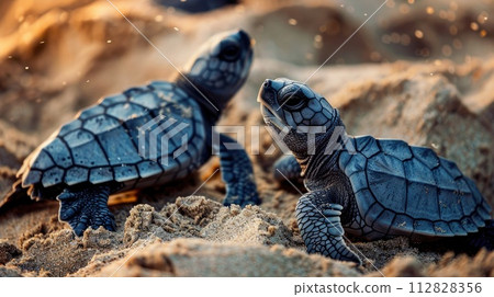 Baby turtles on beach sand. Wild ocean newborn sea turtles on coast. 112828356