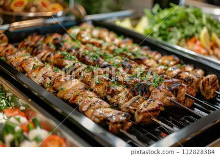 Catering buffet food indoor in restaurant with grilled meat. Catering buffet food indoor in restaurant with grilled meat. 112828384