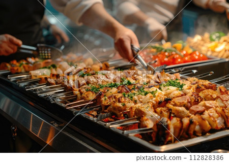 Catering buffet food indoor in restaurant with grilled meat. Catering buffet food indoor in restaurant with grilled meat. 112828386