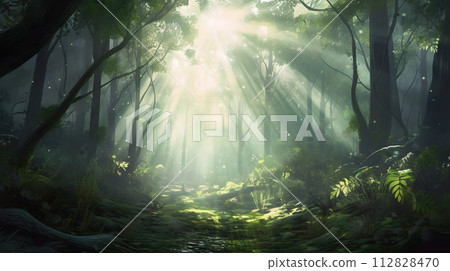 Nature's Spotlight: Beautiful Sunlight Rays in a Lush Green Forest Nature's Spotlight: Beautiful Sunlight Rays in a Lush Green Forest 112828470