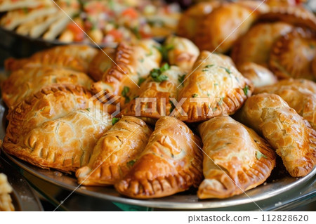 Assorted empanadas food. Fried baked pastry meal. 112828620