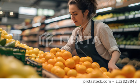 Oranges Galore: Woman Making a Fresh Choice at the Supermarket Fruit Stand 112828848