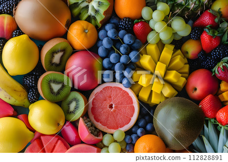 Tropical Symphony: Top-View Assortment of Colorful Ripe Fruits 112828891