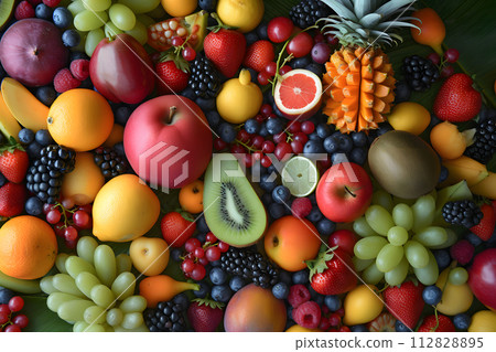 Tropical Symphony: Top-View Assortment of Colorful Ripe Fruits 112828895