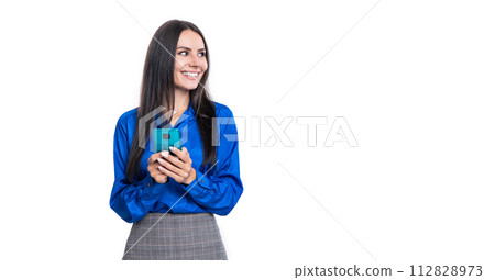 Texting businesswoman chatting in blog. Communication. Businesswoman texting on phone isolated on white. Business texting message. Online business. Business woman use phone. Copy space Texting businesswoman chatting in blog. Communication. Businesswoman texting on phone isolated on white. Business texting message. Online business. Business woman use phone. Copy space 112828973