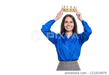 Business success and reward. Successful leadership leading business to success. Ambitious businesswoman in formalwear and crown. Successful businesswoman with crown. Copy space Business success and reward. Successful leadership leading business to success. Ambitious businesswoman in formalwear and crown. Successful businesswoman with crown. Copy space 112828979