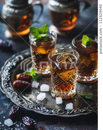 Moroccan tea in traditional glasses with mint, dates and sugar 112829040