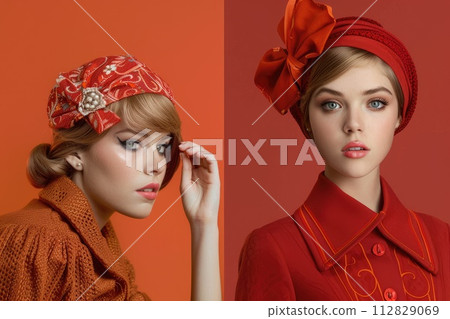 Elegant woman posing in a retro red ensemble with a fashion forward headwrap and makeup 112829069