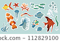 Vector illustration. Marine life themed stickers or icons set with various fish, corals, seaweed, snail, etc. 112829100