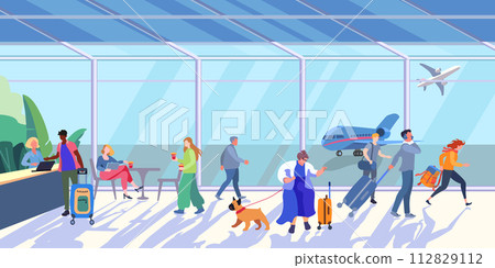 Panorama of the airport hall. People waiting for an airplane flight. Overweight woman with a dog and luggage. Flight check in counter. Flat vector illustration for banner, poster and advertising Panorama of the airport hall. People waiting for an airplane flight. Overweight woman with a dog and luggage. Flight check in counter. Flat vector illustration for banner, poster and advertising 112829112