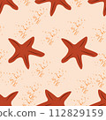 Vector seamless pattern with red starfish on orange. Wallpaper, background, paper or textile print. 112829159