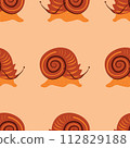 Vector seamless pattern with  brown snails on orange background. Wallpaper, paper or textile print. 112829188