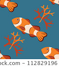 Vector seamless pattern with fish, corals, and seaweed. Background, wallpaper, textile or paper print 112829196