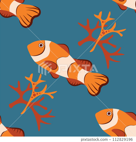 Vector seamless pattern with fish, corals, and seaweed. Background, wallpaper, textile or paper print 112829196