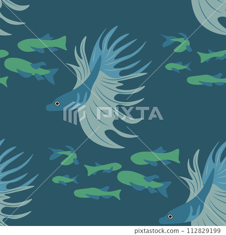 Vector seamless pattern with fish, corals, and seaweed. Background, wallpaper, textile or paper print 112829199
