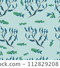 Vector seamless pattern with fish, corals, and seaweed. Background, wallpaper, textile or paper print 112829208