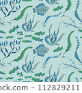 Vector seamless pattern with fish, corals, and seaweed. Background, wallpaper, textile or paper print 112829211
