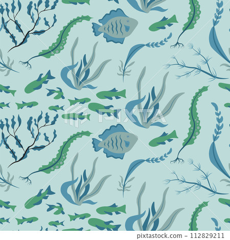 Vector seamless pattern with fish, corals, and seaweed. Background, wallpaper, textile or paper print Vector seamless pattern with fish, corals, and seaweed. Background, wallpaper, textile or paper print 112829211