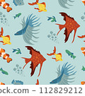 Vector seamless pattern with fish, corals, and seaweed. Background, wallpaper, textile or paper print 112829212