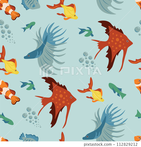 Vector seamless pattern with fish, corals, and seaweed. Background, wallpaper, textile or paper print Vector seamless pattern with fish, corals, and seaweed. Background, wallpaper, textile or paper print 112829212