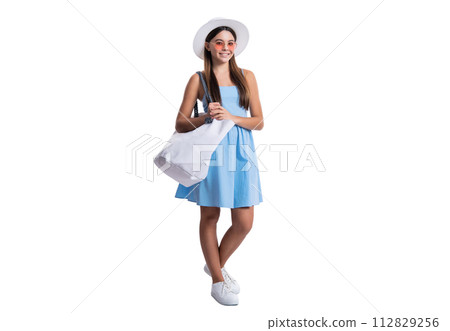 teen girl in beach style hat on background. photo of teen girl in beach style. 112829256