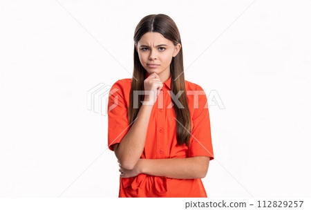 portrait of sad teen girl in studio. sad teen girl isolated on white background. 112829257
