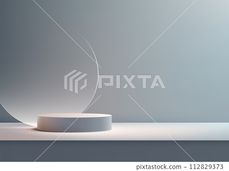 3D white podium with clear glass circle backdrop, set against a gray background 112829373