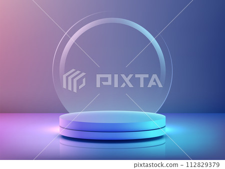 3D neon colors podium with round glass podium with blue and purple lighting on a neon background. Technology concept for product display 112829379