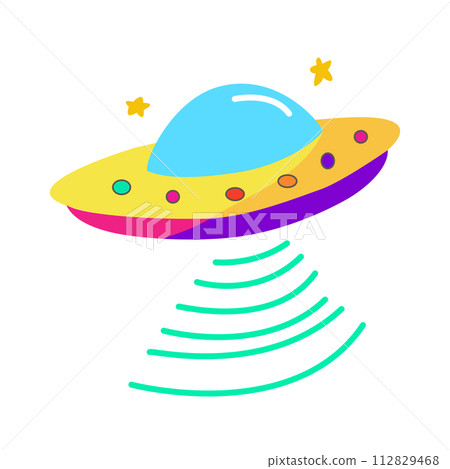 flying ufo cartoon. Cute stylised alien spaceship. 112829468