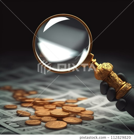 Currency quest: magnifying glass, exploring coins and dollars, symbolizing concept of meticulous financial search and pursuit of wealth, money, concept blending animation financial exploration. 112829820