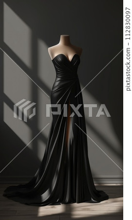 Elegance unveiled: a captivating display of a beautiful, luxurious evening gown gracefully adorning a mannequin, epitomizing timeless style and opulence for a glamorous and chic affair 112830097