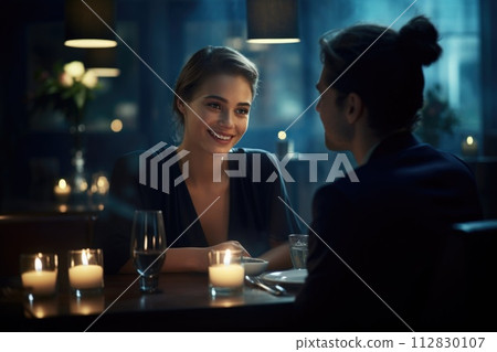 Amidst a warm restaurant ambiance, a happy couple in love shares smiles and laughter, their connection evident in the joyous atmosphere of shared moment and romantic bliss Amidst a warm restaurant ambiance, a happy couple in love shares smiles and laughter, their connection evident in the joyous atmosphere of shared moment and romantic bliss 112830107