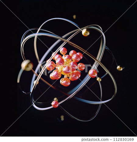 Atomic dance: subatomic realm, electrons, neutrons, and protons orbit a fixed nucleus in a model empty space within atoms, showcasing set, predictable paths in the intricate world of particle physics 112830169