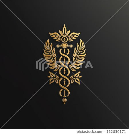 Logo healthcare excellence: banner medicine, doctors, pharmacology, hospital treatment, family doctor services, with copy space and vitruvian man for vip promotion 112830171