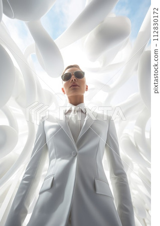 Elegance beautiful woman in business suit, tuxedo for wedding, blending professionalism with timeless bridal chic, embodying grace, style, sophistication for stunning celebration or meeting 112830172