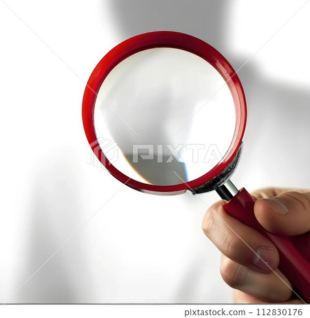 The concept of looking through a magnified glass, searching for relevant information, exploring unknowns in depth, exploring obscurities and mysteries, search for hidden knowledge and truths . 112830176