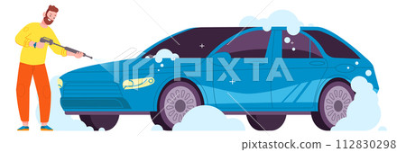 Man cleaning car with foam spray. Auto wash service 112830298