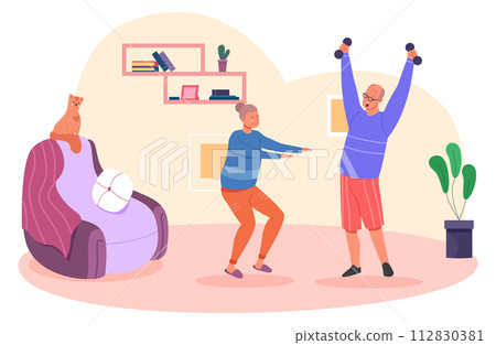 Morning exercise at senior couple home. Healthy lifestyle Morning exercise at senior couple home. Healthy lifestyle 112830381