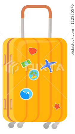 Yellow suitcase with travel stickers. Journey bag symbol Yellow suitcase with travel stickers. Journey bag symbol 112830570