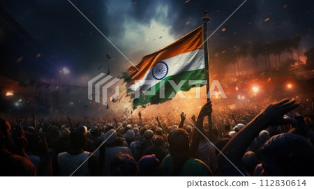 India Republic Day. A vibrant scene unfolds on India Republic Day: Tri-color flags flutter in the patriotic breeze as people celebrate democracy, unity, and national pride. 112830614