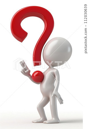 3d character: an inquisitive figure adorned with a dynamic question mark, sparking curiosity and intrigue in a visually engaging and dimensional exploration of uncertainty and inquiry. 112830639
