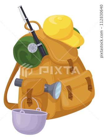 Fishing tourist backpack. Cartoon hiking equipment bag Fishing tourist backpack. Cartoon hiking equipment bag 112830640