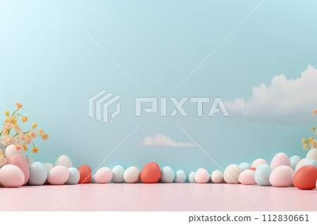 Celebrate easter joy: a delightful mockup with copy space frame, capturing essence of springtime festivities and renewal of hope in stylish and festive design for cards, displays, creative projects. 112830661
