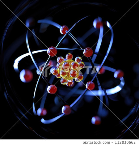 Atomic dance: subatomic realm, electrons, neutrons, and protons orbit a fixed nucleus in a model empty space within atoms, showcasing set, predictable paths in the intricate world of particle physics 112830662