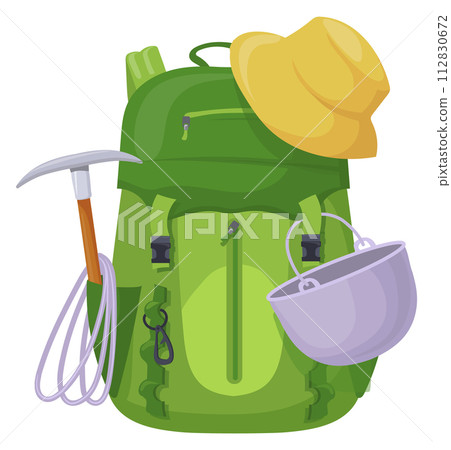 Mountaineering backpack. Alpine tourism equipment. Outdoor travel 112830672