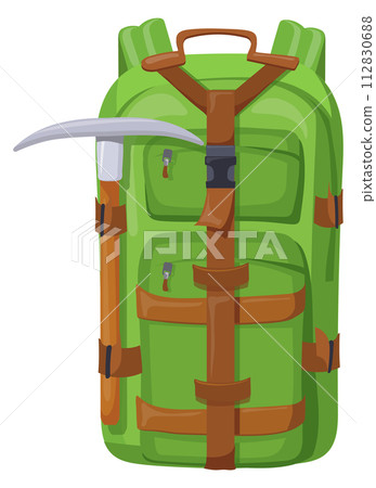 Travel backpack with mountain climbing equipment. Trekking equipment Travel backpack with mountain climbing equipment. Trekking equipment 112830688