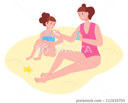Mother apply sunscreen on kid. Sun protection on beach Mother apply sunscreen on kid. Sun protection on beach 112830703